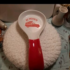 Be Merry Red White Truck Christmas Tree Spoon Rest 9” long